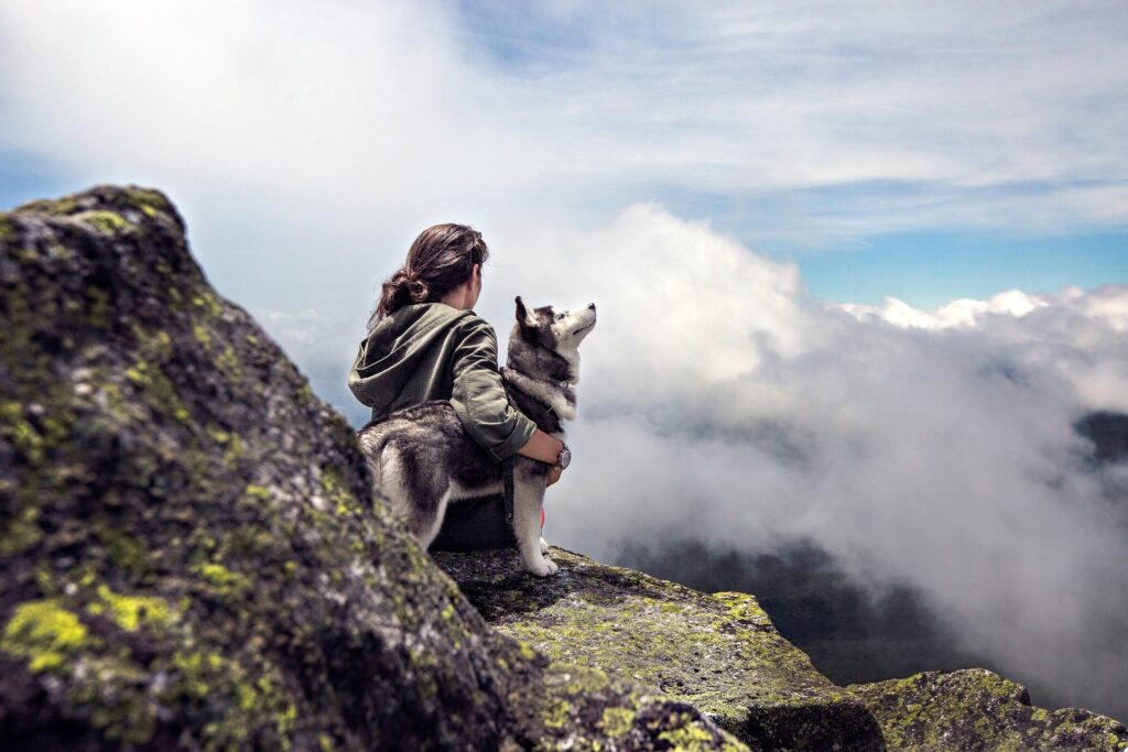 Frau sitzt mit Hund auf Berggipfel über den Wolken im Tal